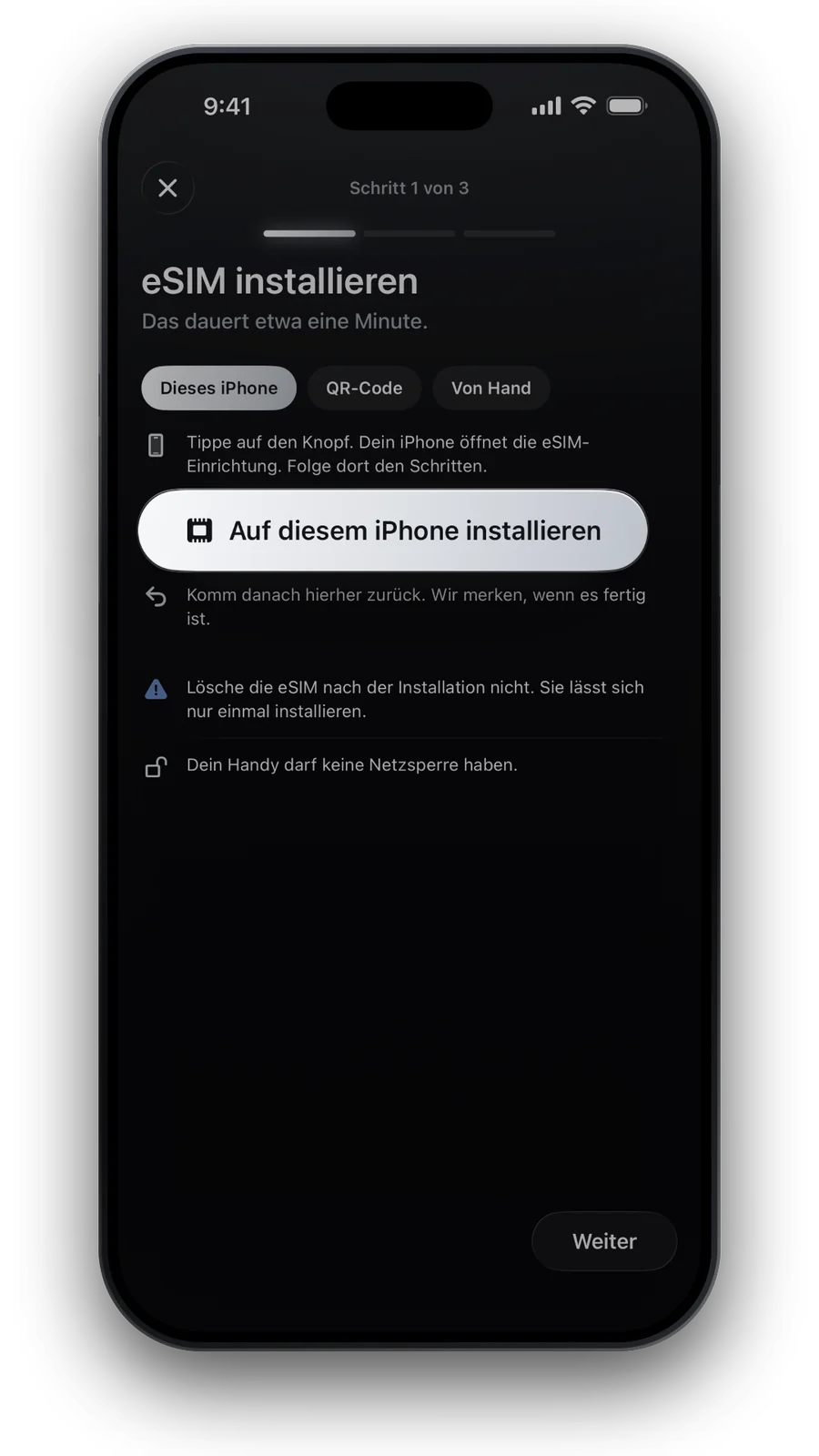 Installationsanleitung mit dem Knopf „Auf diesem iPhone installieren“
