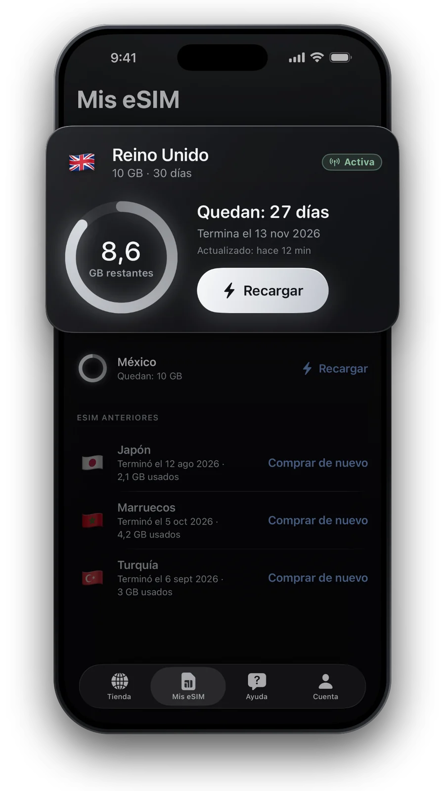 Mis eSIM: datos y días restantes, el botón Recargar y viajes anteriores