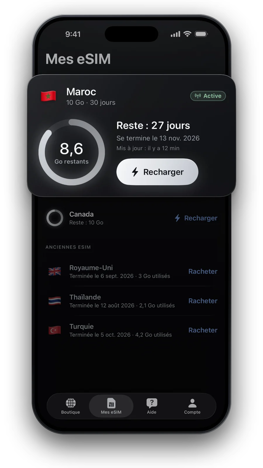 Mes eSIM avec données et jours restants, Recharger et voyages passés