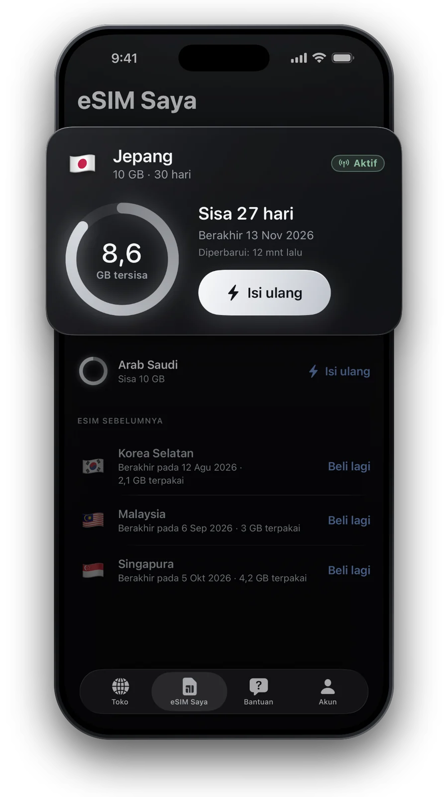 eSIM Saya dengan sisa data, sisa hari, dan Isi ulang, serta perjalanan sebelumnya