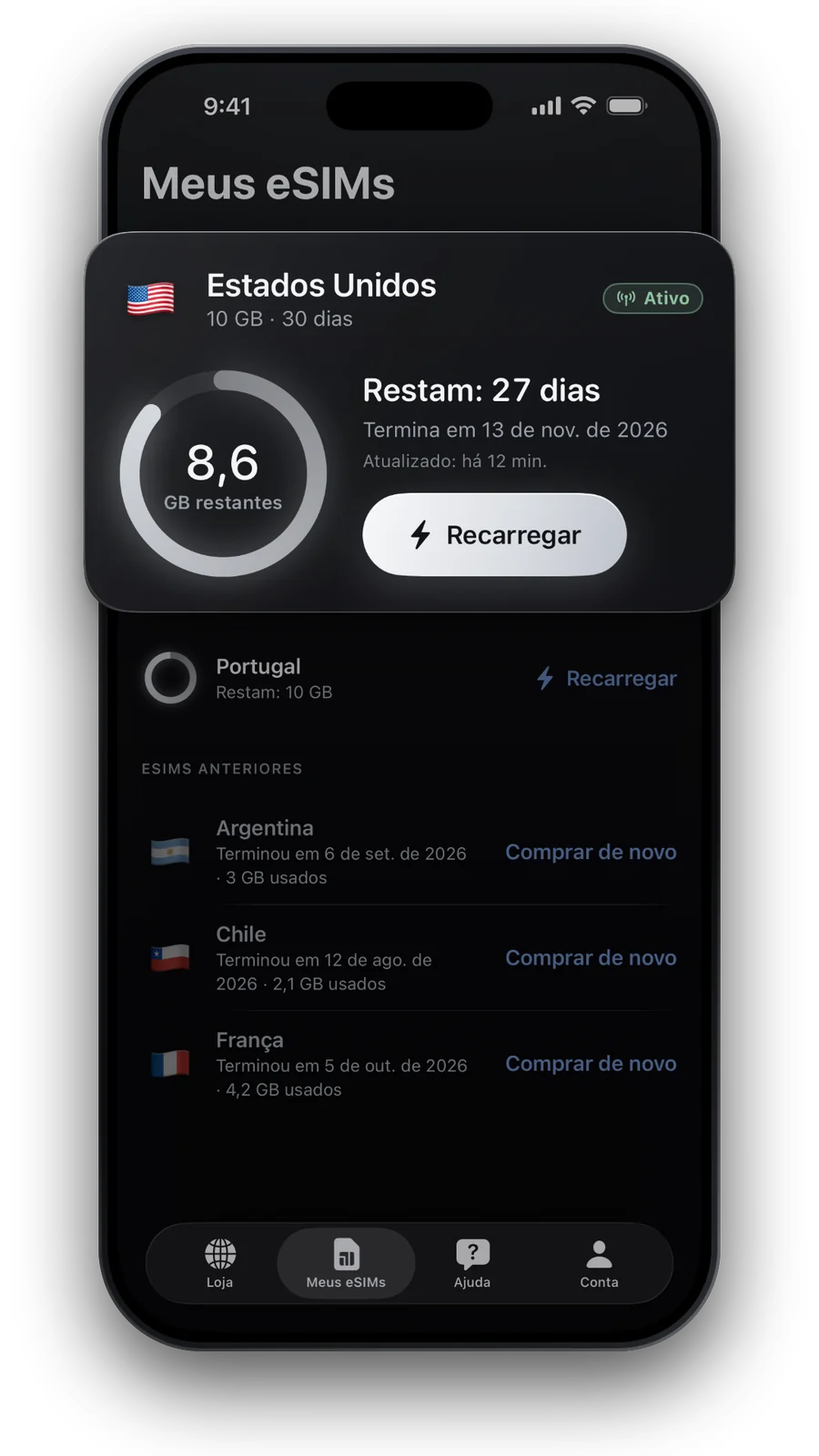 Meus eSIMs com dados e dias restantes e Recarregar, além de viagens anteriores