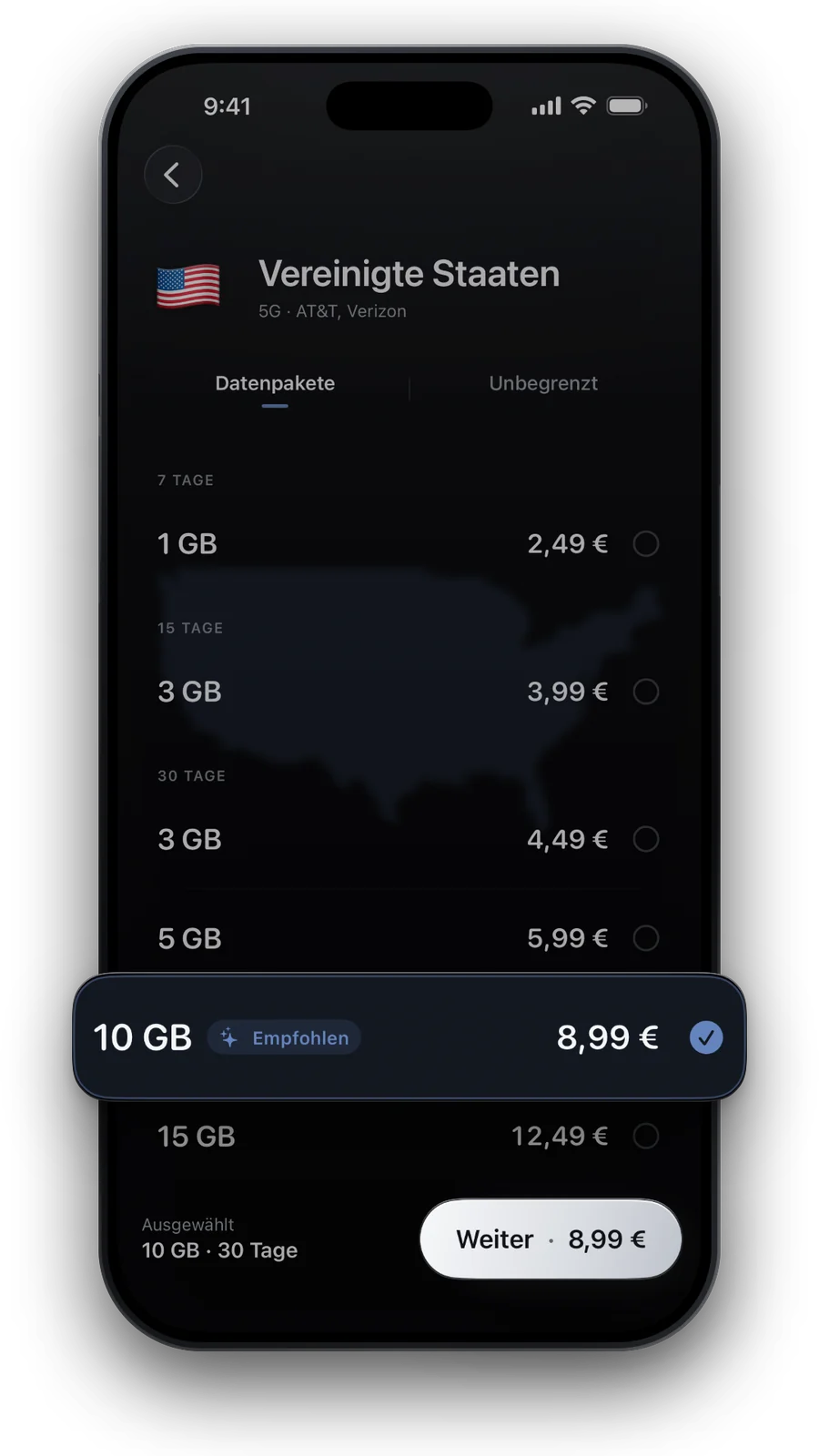 Datenpakete von 1 GB bis 50 GB, 10 GB für 30 Tage ausgewählt