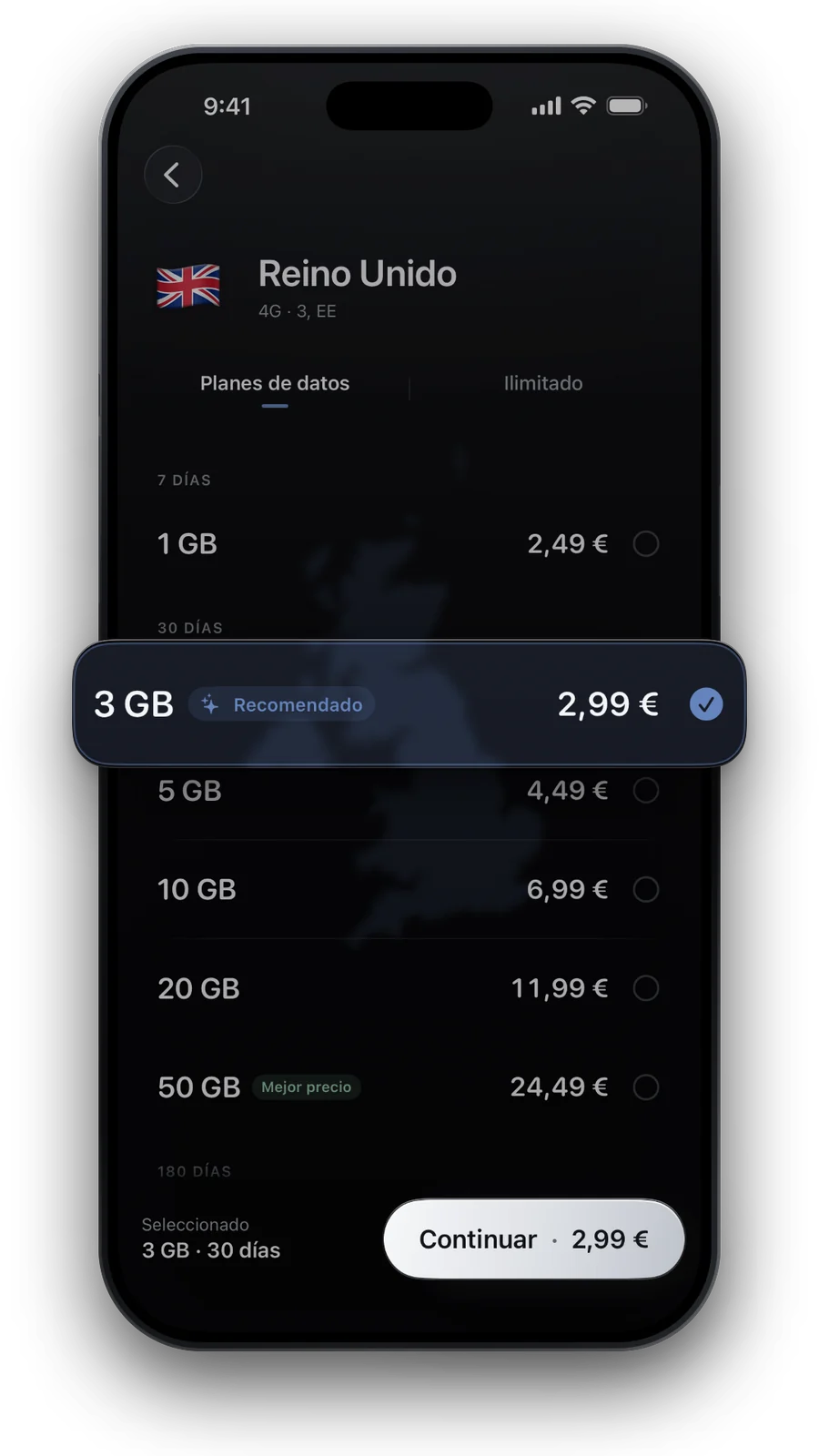 Planes de datos de 1 GB a 50 GB, con 10 GB para 30 días seleccionado