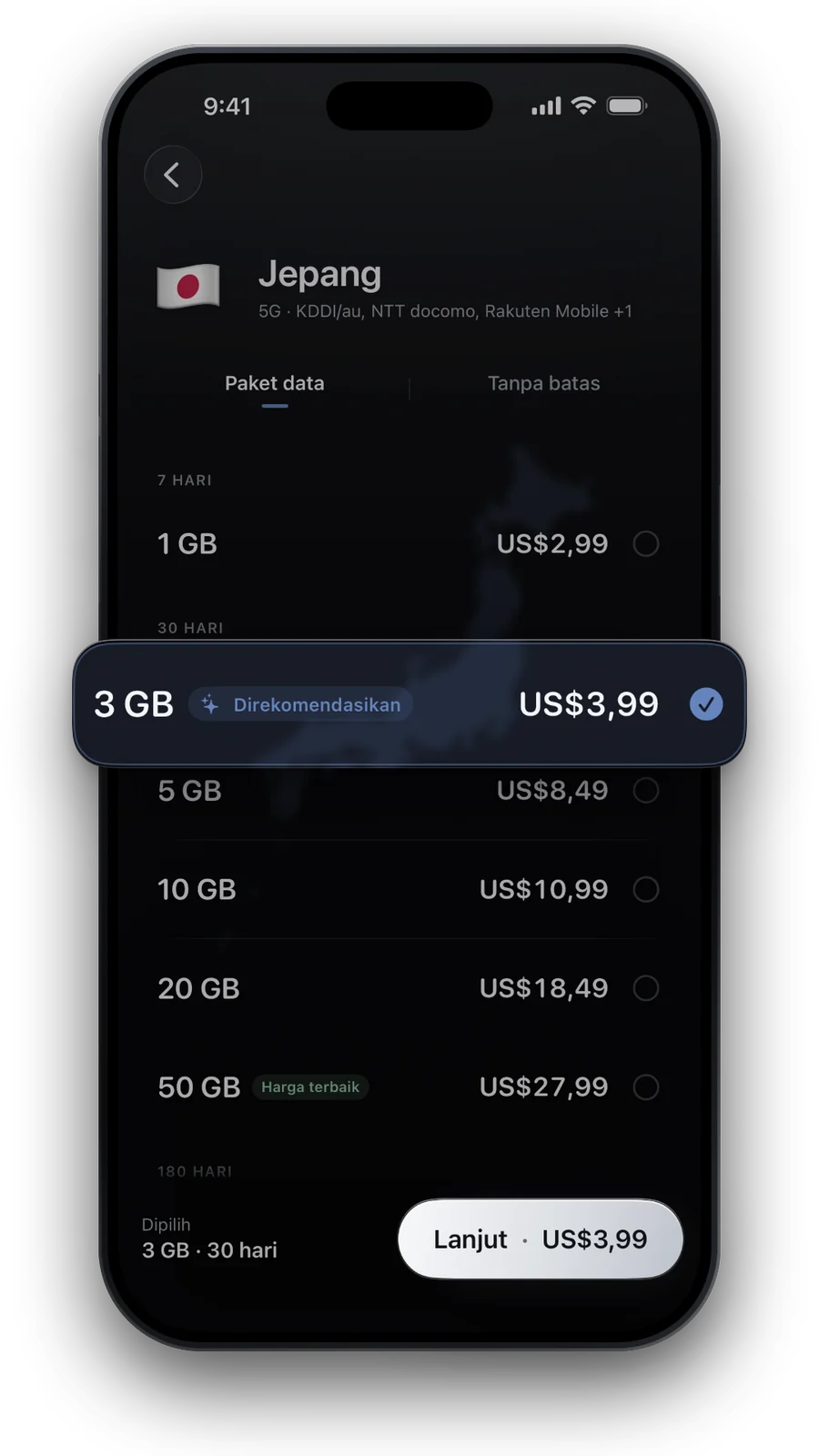 Paket data 1 GB hingga 50 GB, dengan 10 GB untuk 30 hari terpilih
