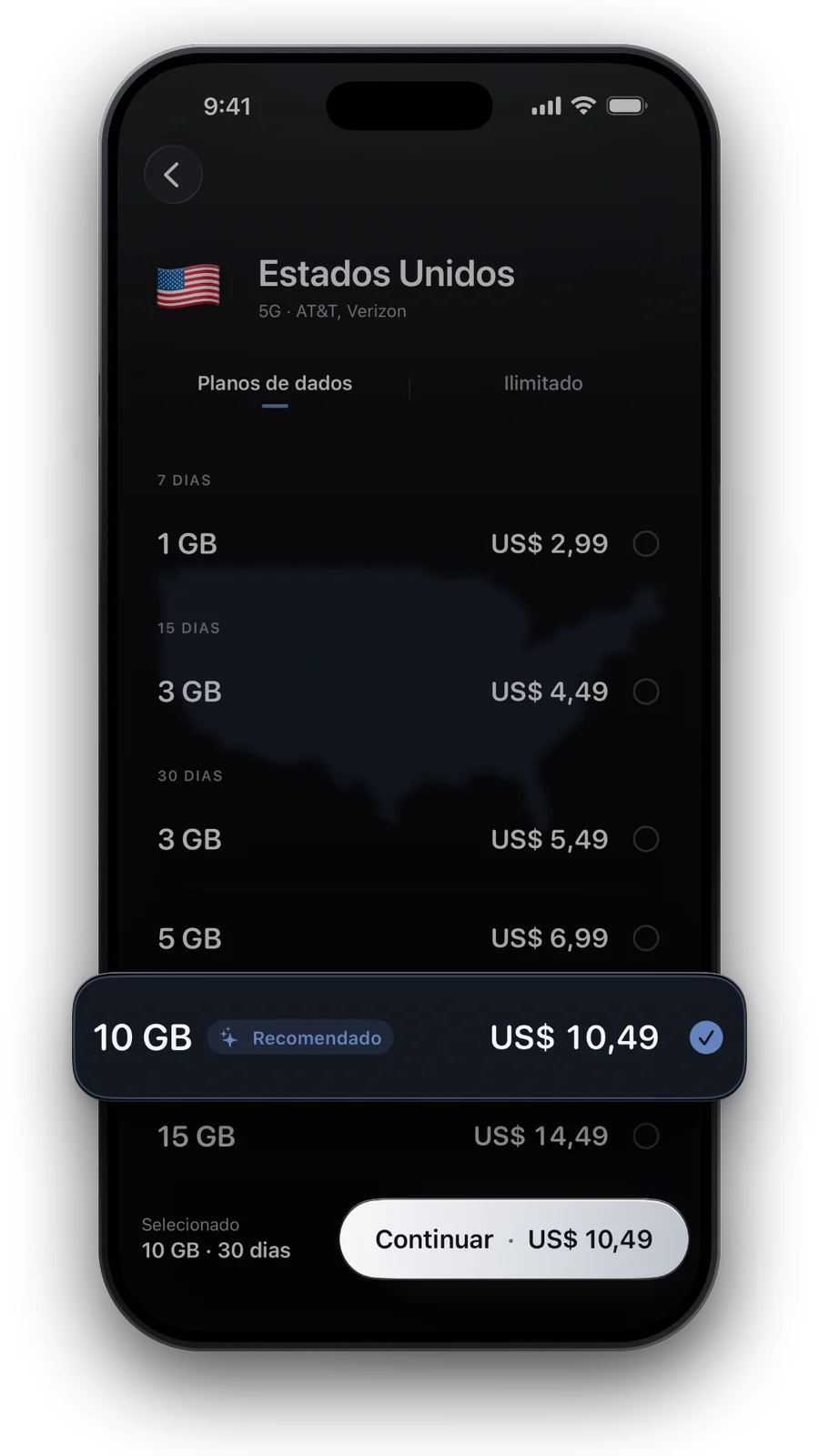 Planos de dados de 1 GB a 50 GB, com 10 GB por 30 dias selecionado