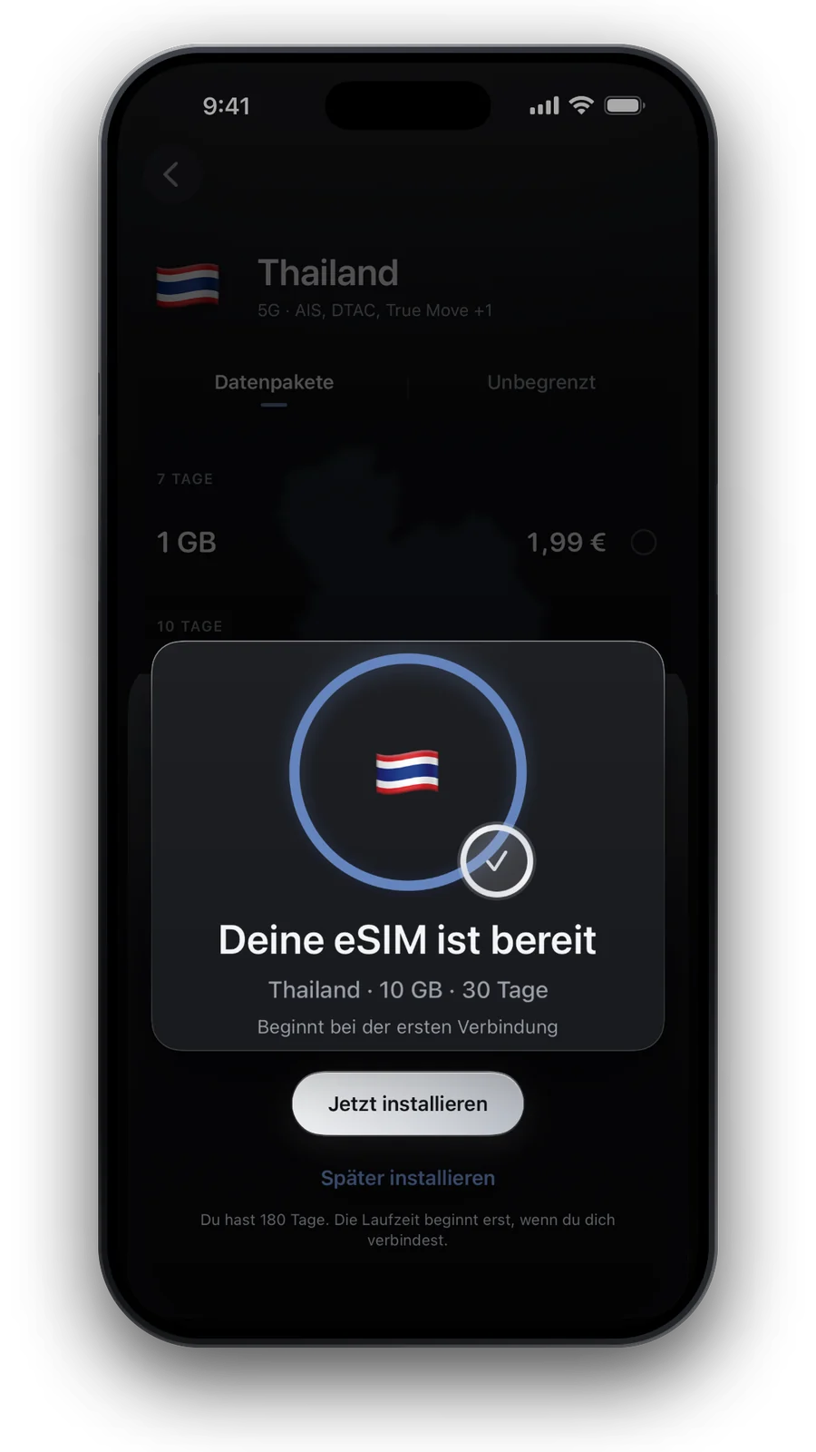 Bestätigung: Deine eSIM ist bereit, mit „Jetzt installieren“