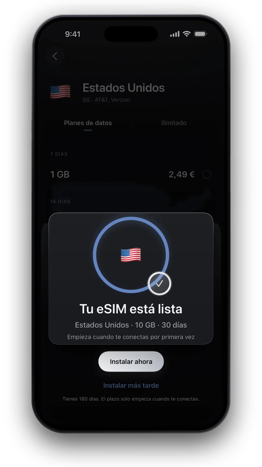 Pantalla de confirmación: tu eSIM está lista, con Instalar ahora