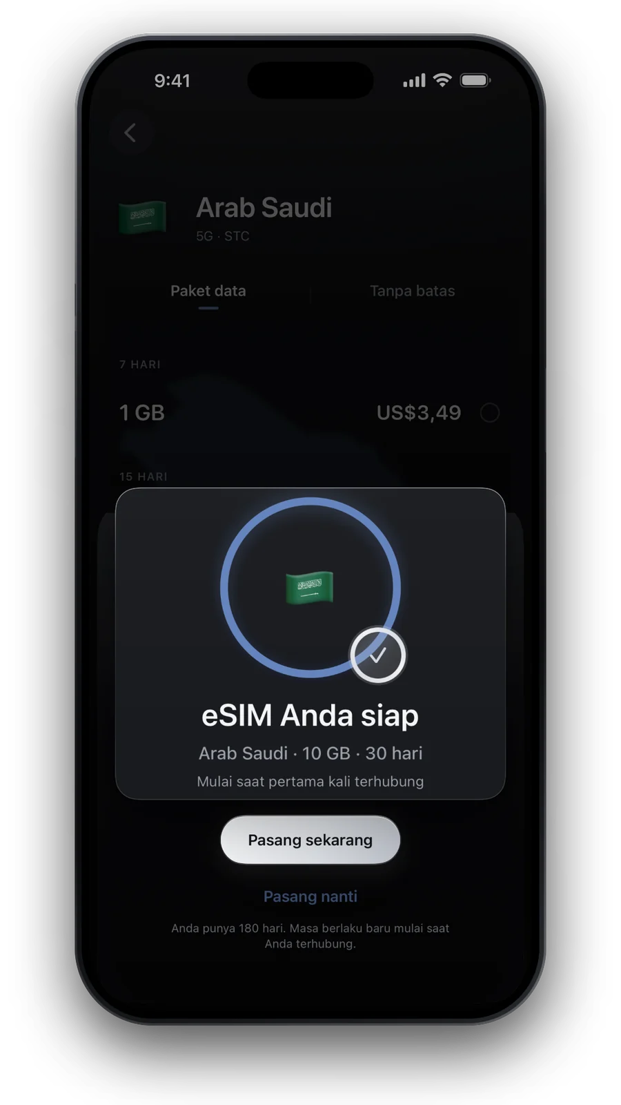 Layar konfirmasi: eSIM Anda siap, dengan tombol Pasang sekarang