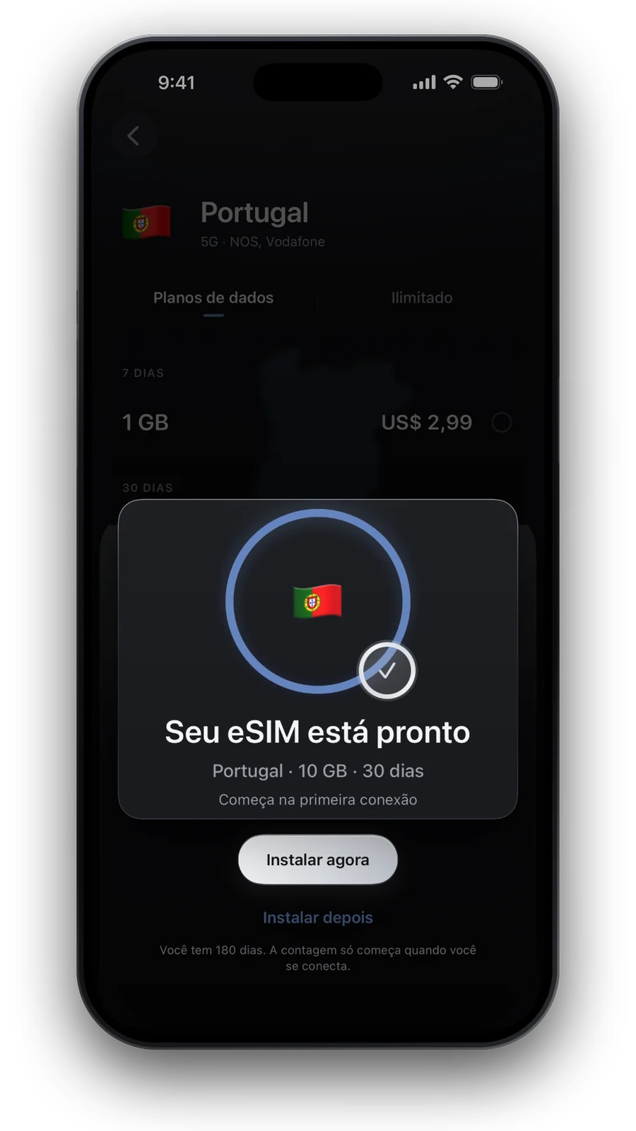 Tela de confirmação: seu eSIM está pronto, com Instalar agora