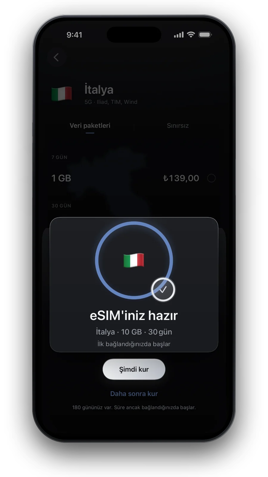 Onay ekranı: eSIM'iniz hazır, Şimdi kur düğmesiyle